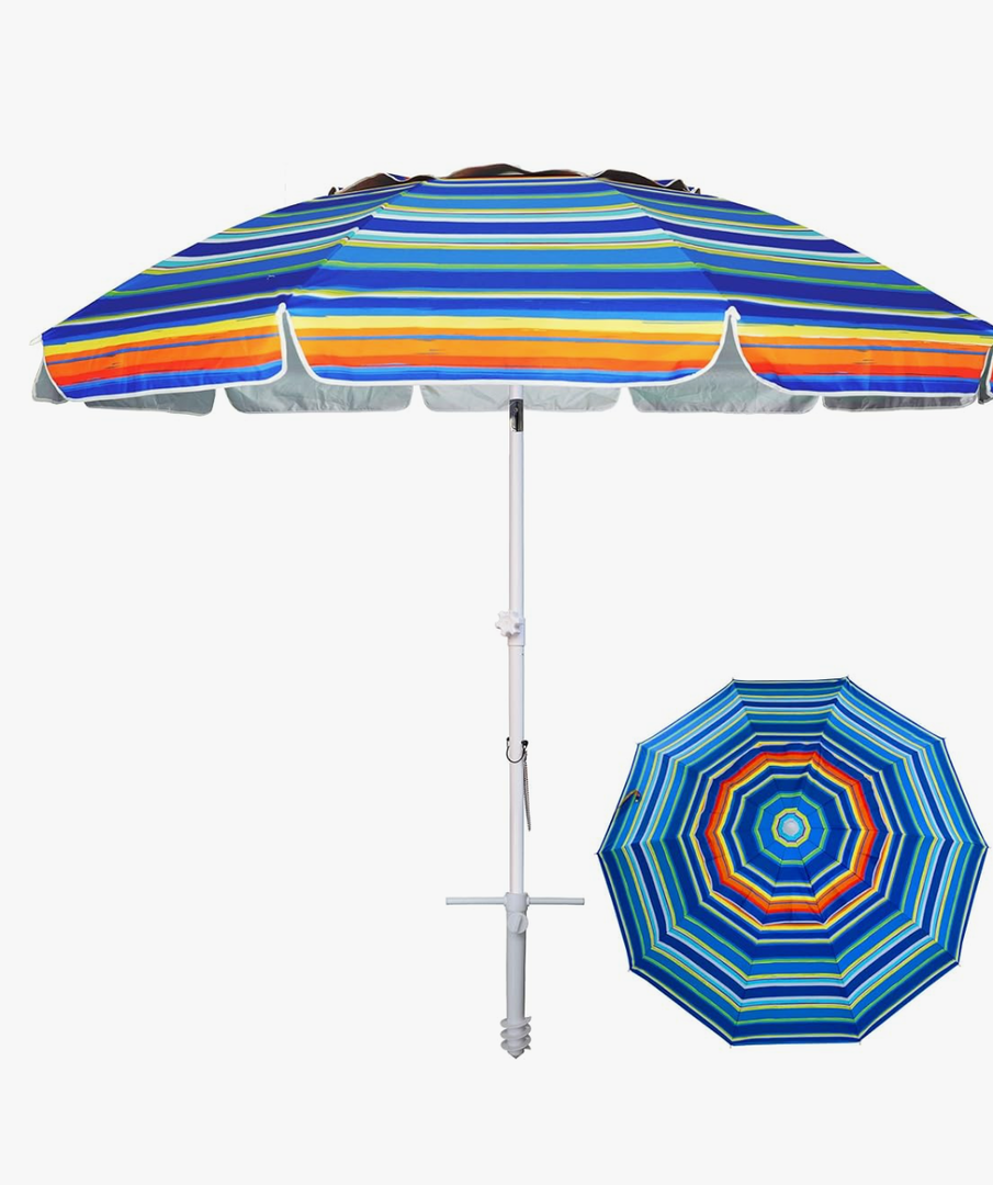AMMSUN 8 Feet Large Beach Umbrella with Sand Anchor Heavy Duty High Wind Portable Outdoor Umbrellas UV 50+ Protection Air Vent Tilt Patio Garden Pool