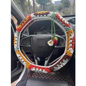 Steering Wheel Cover,Handmade Crochet Rainbow Sunflower Granny Square Steering Wheel Covers (Steering Wheel Cover+1strawberry)