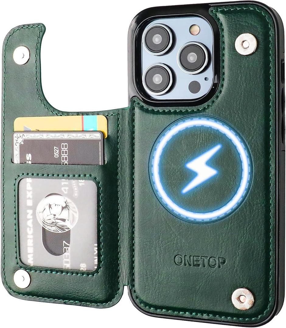 ONETOP Compatible with Magsafe for iPhone 14 Pro Wallet Case with Card Holder, PU Leather Kickstand RFID Blocking Case, Double Magnetic Clasp and Durable Shockproof Cover 6.1 Inch (Green)