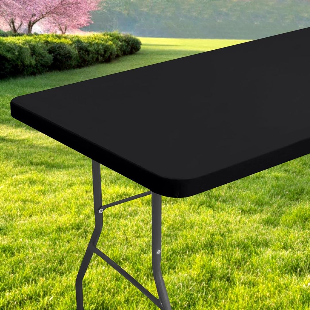 Rectangle Table Cloth, Waterproof Elastic Fitted Tablecloth for 5 Foot Folding Tables, Washable Polyester Tablecloths for Picnic, Camping, Outdoor (Black, 30"x60")