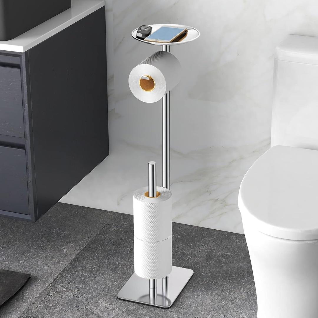 Toilet Paper Holder Stand for Bathroom Floor Standing Toilet Roll Dispenser Storages 4 Reserve Rolls, with Top Storage Shelf for Cell Phones, Wipe, Wallet and More(Chrome)