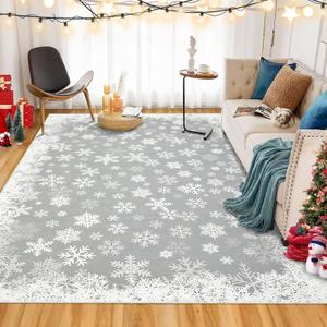GarveeHome Christmas Rug 3x5 Machine Washable Area Rug Xmas Snowflake Decor Entryway Rugs Non Slip Low Pile Soft Rugs for Dining Room Living Room, Grey