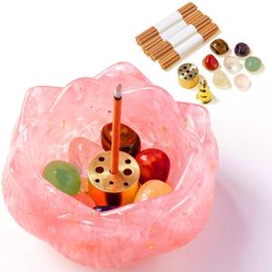 Incense Holders 40 Incense Sticks Rose Quartz Resin and Crystal Lotus Burner Soothe The Nerves Removable Ash Collector for Meditation, Yoga & Spiritual Home Decor (3.15")