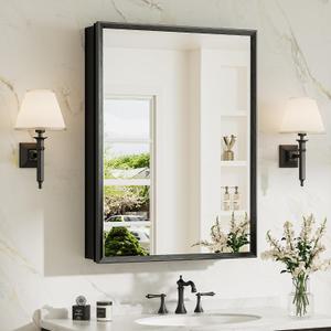 TokeShimi 24 x 32 Black Medicine Cabinet with Mirror, Assembly Required, Bathroom Mirror Medicine Cabinet Wall Mounted, Lightweight, Stepless Adjustable Shelves, Beveled Aluminum Frame