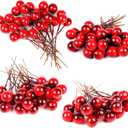 DERAYEE 100 Pcs Artificial Holly Berries, Wine Red 10mm Mini Christmas Fake Berries Decor with Wire Stems for Xmas Wreath DIY Crafts Christmas Tree Garland Table Centerpieces Decorations