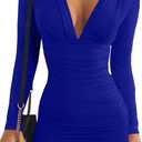 GOBLES Women's Sexy Long Sleeve V Neck Ruched Bodycon Mini Party Cocktail Dress (Royal Blue)