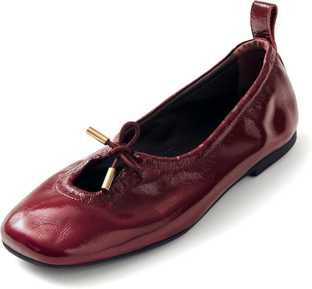 Women Ballet Flats Square Toe Lace Up Bow Ballerina Shoes Cute Slip On Casual Mary Jane Shoes (6, Burgundy)