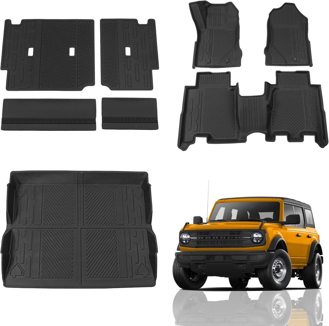 Floor Mats Compatible with 2021 2022 2023 2024 2025 Ford Bronco Trunk Mat Cargo Liner Kick Mat for Ford Bronco Accessories 4 Door(Trunk Mat+Floor Mats+Rear Backrest Mats)