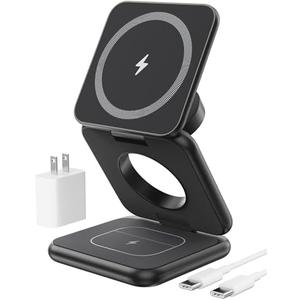 Foldable Magnetic Wireless Charger, KU XIU X40 Aluminum Alloy 3 in 1 Charging Station for Apple, Fast Charging Travel Charger for iPhone 16 15 14 13 12 Series, 5W for Apple Watch Ultra, AirPods, Black