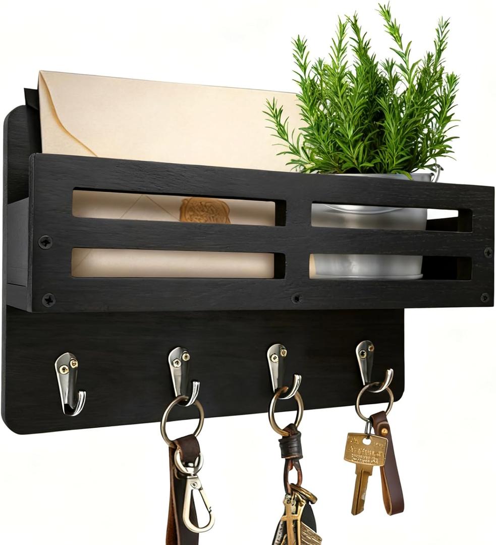 KISENG Key Holder Wall Mount, 10 inch Decorative Key and Mail Holder for Wall, with Mail Organizer & 4 Key Hooks, Rustic Wooden Key Rack for Hanging Dog Leash Sunglasses, Entryway Key Hanger, Black