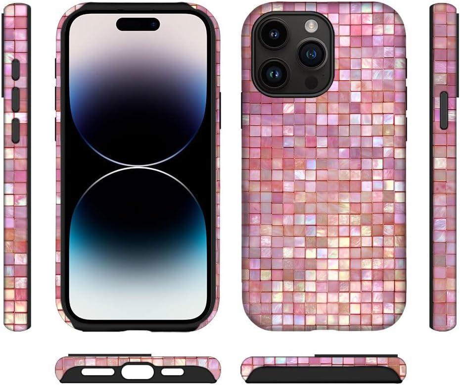 for iPhone 14 Pro Case Hybrid 2 Layer Hard Shell Silicone Protective Pattern Design Cover - Pink Mosaic Tiles