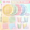 96 Pcs Gingham Dessert Paper Plates And Napkins/Cup Set - 9 Inch 4 Color(Red/Blue/Green/Yellow) Small Scalloped Disposable Paper Plate - Disposable Gingham Party Supplies - For Picnic Wedding Birthday
