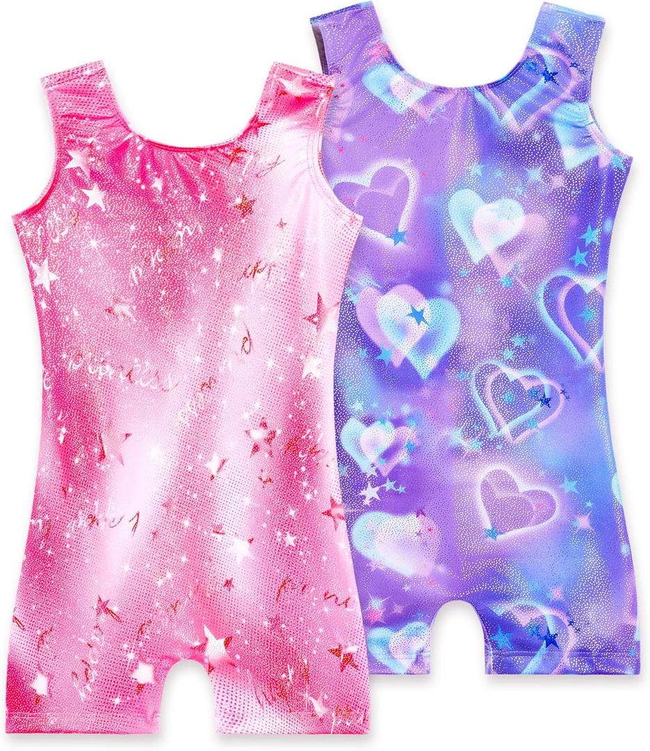 2 Pack Leotard for Girls Gymnastics Sparkly Tumbling Unitards with Shorts Sleeveless One Piece Biketards (3-4T, 2pcs Purple Heart & Pink B)