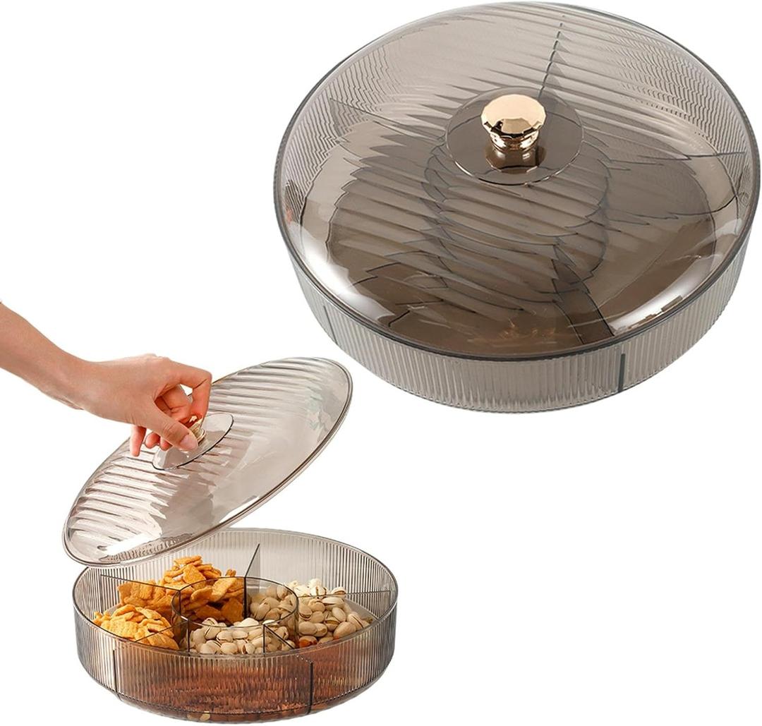 Divided Clear Snack Serving Tray with Lid, 6 Compartments Round Plastic Food Storage Organizer for Fruits, Nuts, Candies, Cookies, Stackable Snackle Box for Kitchen, Party and Picnic(Grey) (Gray)