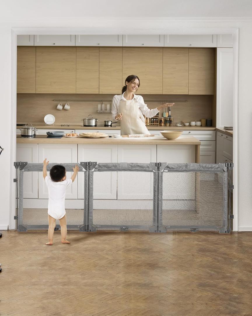 Extra Wide Baby Gate Playpen with Heat-Resistant Mesh,3 Panel Foldable Baby Fence,Indoor/Outdoor Safety Barrier,Dog Playpen & Fireplace Gate Gray