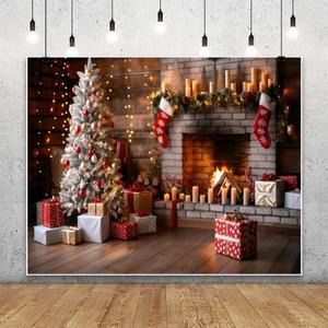 Christmas Fireplace Backdrop 10x8ft Xmas Tree Fireplace Photography Background for Kids Family Portrait Party Decorations Banner Studio Photo Booth Props (White and Brown)