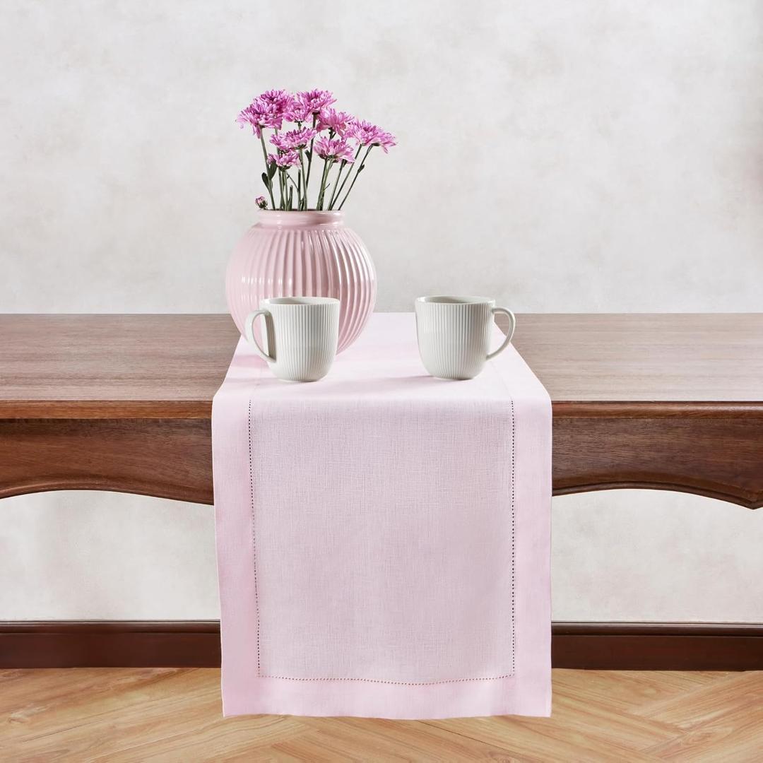 Home Ekaa Pink Linen Table Runner 72 inches Long  100% Pure Linen Hemstitch Table Runner 14 x 72 Inch for Dining, Mothers Day, Spring, Summer, Wedding, Holiday & Everyday Decor Elara