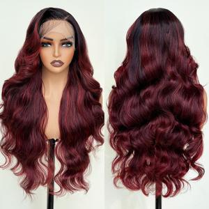 Burgundy Ombre 26 Inch HD Lace Front Wigs for White Women Black Women - Pre Plucked Body Wave Synthetic Wig with Tiny Knots 136 Pre Layered Natural Hairline Glueless Wigs Wear and Go