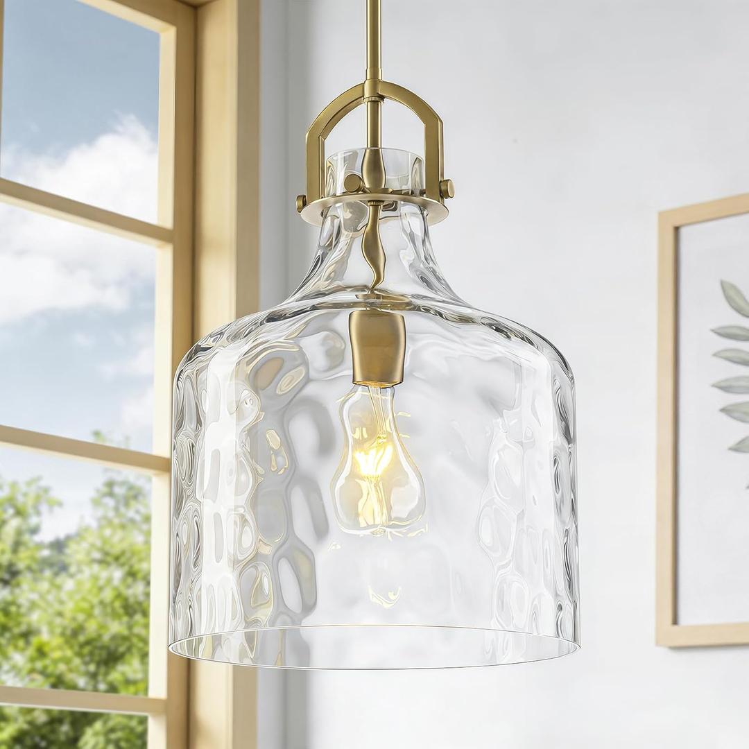 Oversized Large Hammered Glass Pendant Lights Kitchen Island Lighting, Brass Brushed Gold Pendant Light Fixtures with 15"H Clear Glass, Modern Kitchen Pendant Lighting over Island Sink Dining Room E26, Extra Large