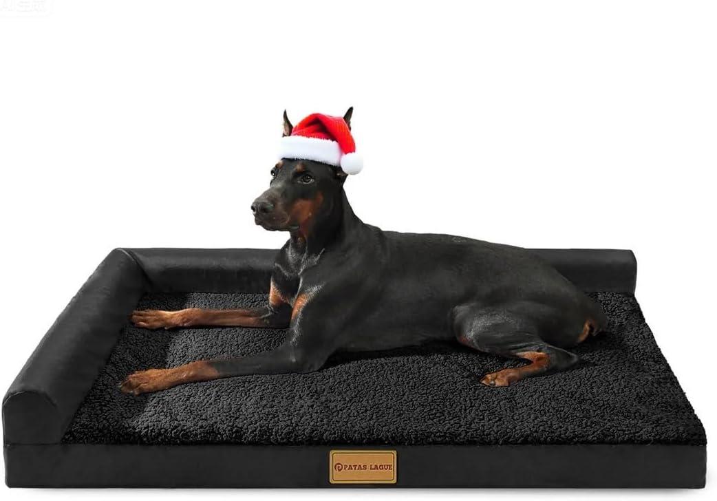 Patas Lague Orthopedic XL Dog Bed Large Sized Dog 48''X30'', Waterproof L Bolster Big Pet Sofa Beds with Removable Washable Cover, Soft Comfortable Pet Couch Crate Mat with Nonskid Bottom, Black