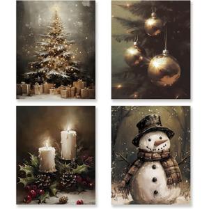 KSDUT Vintage Christmas Wall Art Decor Set of 4 - Retro Winter Holiday Xmas Artwork Poster Christmas Tree Snowman Wall Decor for Home Farmhouse Bedroom Gallery Decorations - 12"x16" Unframed