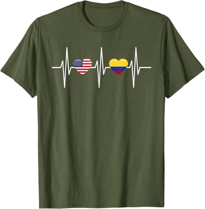 USA Colombia Shirt Heartbeat America Colombian Flag Heart T-Shirt. XS Size
