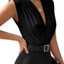 LYANER Women's Wraped V Neck Ruched Sleeveless Tank Leotard Bodysuit Top (Black)