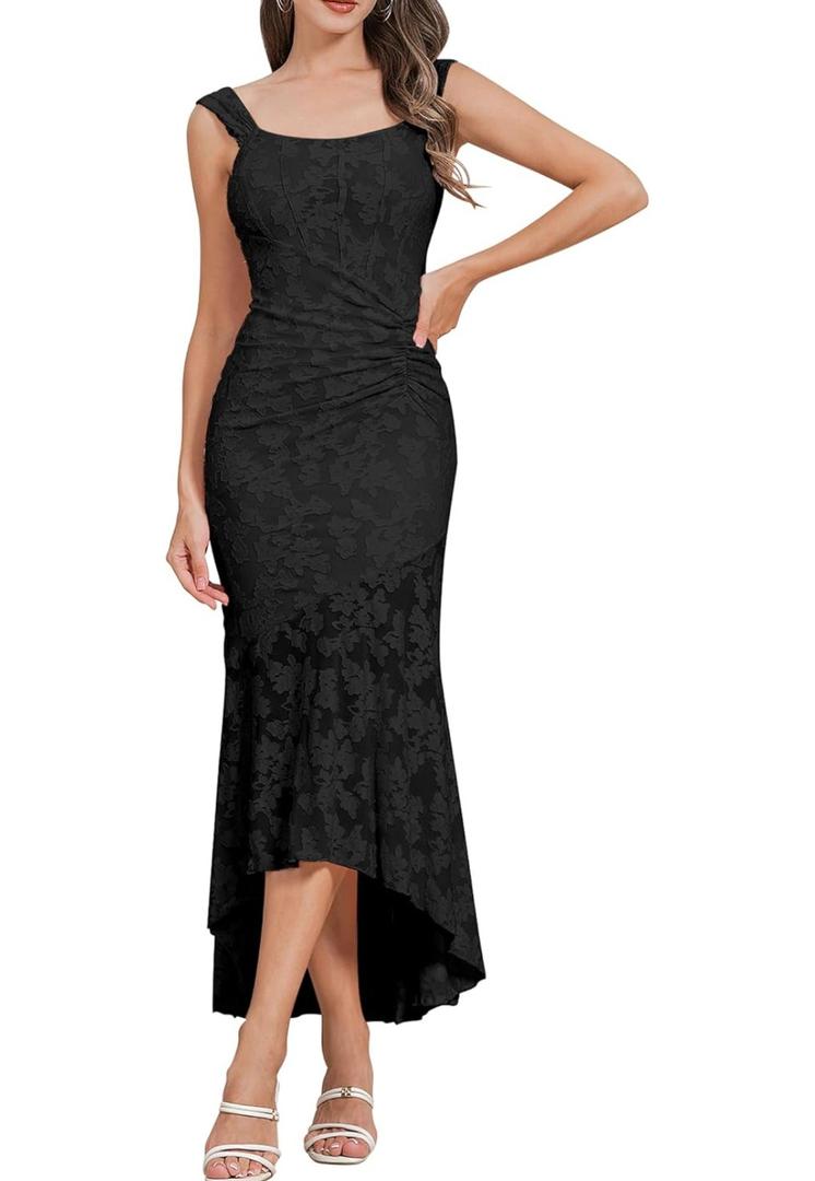 Womens Floral Jacquard Ruched Mermaid Hem Bodycon Cami Maxi Dress Going Out Party Dress Summer, Large