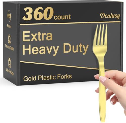 Dealusy 360 Count Extra Heavy Duty Gold Plastic Forks Disposable, BPA-Free, Heat Resistant, Solid and Durable Disposable Forks Bulk, Premium Plastic Forks heavy duty for Party Supply