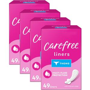 Carefree Panty Liners for Women, Thong Liners, Unwrapped, Unscented | Pantiliners, Carefree Liners, Daily Liners for Women, Light Periods and Leaks | 196ct (4 Packs of 49ct) 
