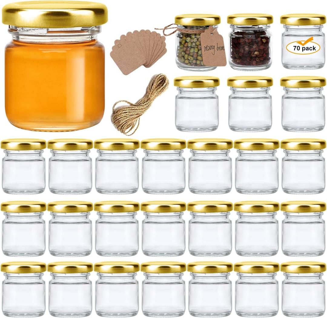 Encheng 1.5oz Mini Glass Jars Bulk Set of 70,Round Small 45ml Honey Jars with Golden Lids,Clear Mini Storage Canning Jar for Candle Making,Spice,Jelly,Jam,Wedding,Party Favor