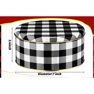 Suttmin 4 Pcs Christmas Cookie Tins with Lids 7 Inch Black and White Buffalo Plaid Round Metal Cake Tins Empty Decorative Tin Containers for Xmas Gifts Baking Holiday Chocolate Snack Storage