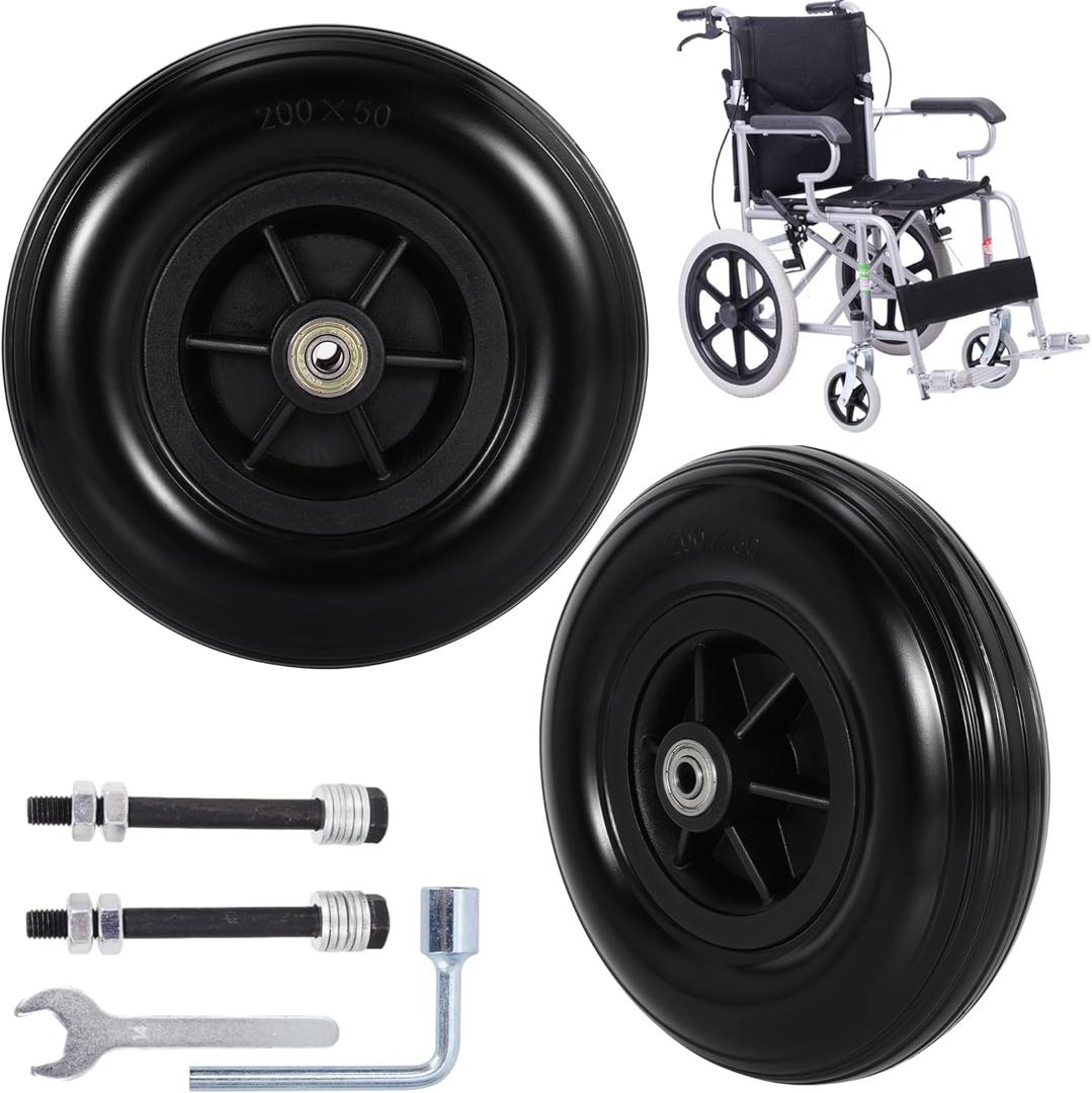8 Inch Wheelchair Wheel, SOGIME 200X50(8X2) Solid Rubber Caster Wheels 8mm Bearing Hole for Power Wheel Chair Walker,1 Pair Black