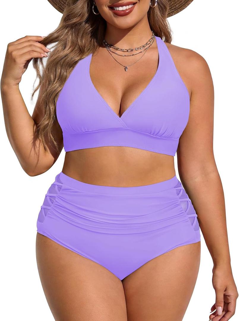 American Trends Womens Plus Size Bikini Set - Tummy Control, High Waisted 2 Piece Swimsuits Bathing Suits (Purple), 16 Plus
