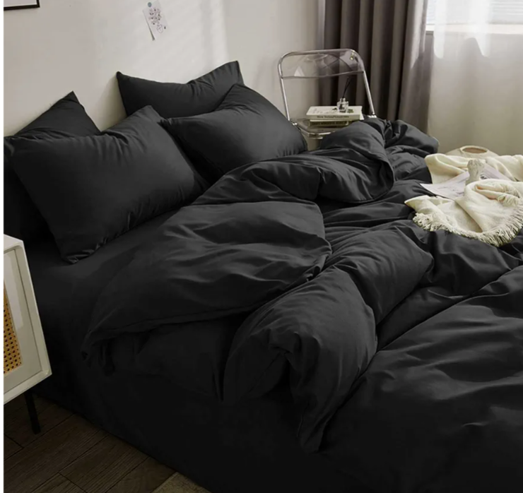 Nanko Queen Duvet Cover Set Black 3pc 90x90 Luxury Microfiber Down Comforter Quilt Bedding Cover with Deco Buttons Zip Closure Ties - Modern Style for Men and Women Chambray Teen