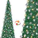 [100 Light] 6 Ft Collapsible Christmas Tree, Pop Up Christmas with Lights Warm White & Multicolor 8 Modes Timer Battery Operated Snowflake Tinsel Tree Xmas Decorations for Home Corner Indoor Outdoor (Green)