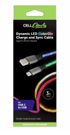 CELL CANDY Dynamic LED Color Glo Charger and Sync Cable 3 ft