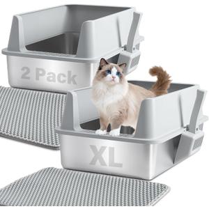 Stainless Steel Litter Box with Lid, XL Metal Litter Box 2 Pack, Extra Large Cat Litter Boxes for Big/Multiple Cats, Anti-Urine Leakage,No Smell, Non-Stick, Includes Scooper and Mat
