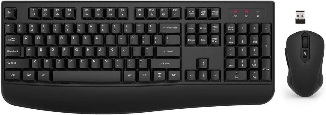 Wireless Keyboard and Mouse Combo, EDJO 2.4G Full-Sized Ergonomic Computer Keyboard with Wrist Rest and 3 Level DPI Adjustable Wireless Mouse for Windows, Mac OS Desktop/Laptop/PC (Black)