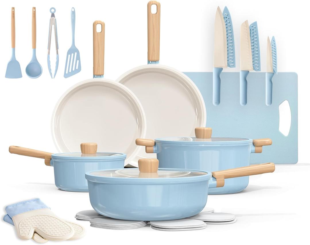 CAROTE 26pcs Ceramic Cookware Set, Pots and Pans Non Stick Kitchen Cookware Sets, Pots and Pans Set Cooking Set with Knife Set & Oven Mitts (Blue)