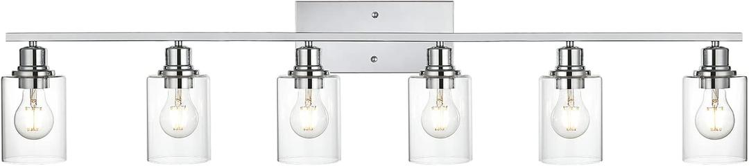 VINLUZ 6 Lights Bathroom Vanity Light in Chrome Finish with Clear Cylinder Glass Shade Industrial Wall Light Fixtures Over Mirror for Dressing Table Bedroom