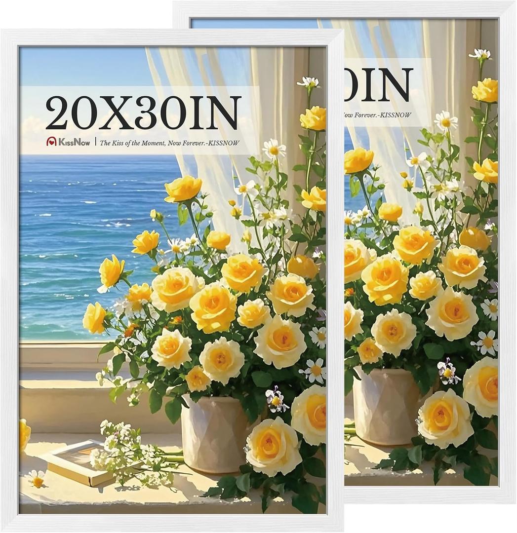 20x30 Poster Frame 2 Pack, Textured White Solid Wood, Wall Gallery Picture Frame