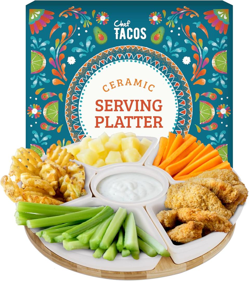 Ceramic Taco Serving Platter - Divided Serving Tray for Taco Tuesday Lazy Susan Taco Bar - Chip and Dip Serving Set for Party - Appetizer Serving Tray for Salsa, Snacks (10 in)