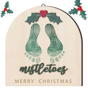 Beeveer Baby's First DIY Winter Snowman Art Footprint Wooden Mistletoe Craft Milestone Card Rustic Hanging Ornament Nursery Footprint Decorative for Baby Shower Newborn Photoshoot(Classic)