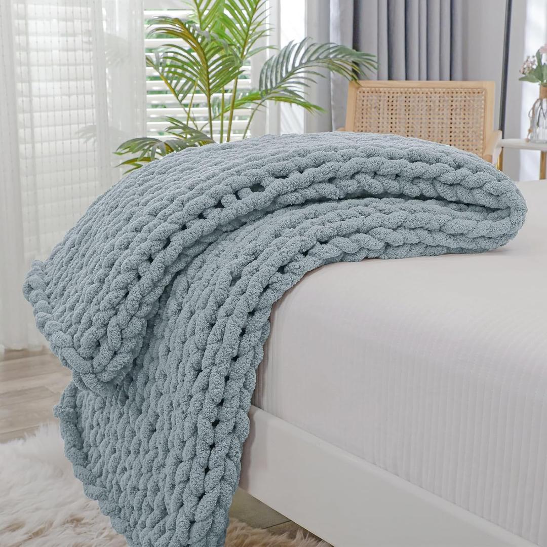 Bigacogo Chunky Knit Throw Blanket for Couch, 40x60 inches, 100% Hand Knitted with Thick Jumbo Chenille Yarn, Cozy Soft Large Rope Knot Cable Crochet Blankets for Sofa Bed Living Room, Dusty Blue