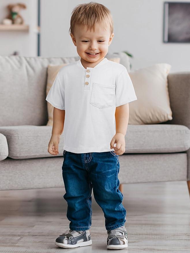 Poroka 2  Pack Toddlers and Boys' Cotton Short-Sleeve T-Shirts Pocket Button Crew Neck Tee Short-Sleeve Shirts 3T