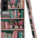 Case for Samsung Galaxy S23 Plus,Floral Bookshelf Retro Pink Phone Case Drop Resistant Glossy 2 in 1 Solid Dual-Layer Cover for Girl Women