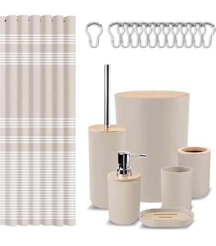 Britimes Bathroom Accessories Sets, Boho Shower Curtain Set with Trash Can, Soap Dispenser, Toilet Brush Holder, Toothbrush Holder and Toothbrush Cup for Bathroom Decor (Beige)