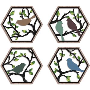 CHDITB 4Pcs Wooden Bird on Birch Tree Branch Wall Art, Boho Modern Green Leaves Silhouette Bird Laser Cut Artwork, Rustic Farmhouse Nature Wall Hanging Decoration for Living Room Bedroom(11"x 10")