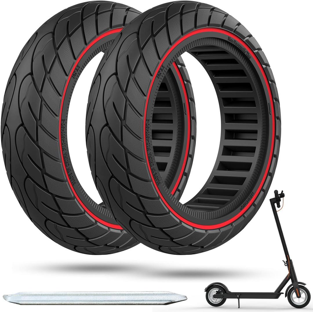 Cooryda 60/70-6.5 Scooter Tire, 10x2.50 Solid Scooter Tire 10 inch Electric Rubber Tubeless Scooter Wheels for Ninebot G30 Max/G30D 10x2.5 Front or Rear Replacement Solid Tires 2pc Red, AC-2PCS Red L